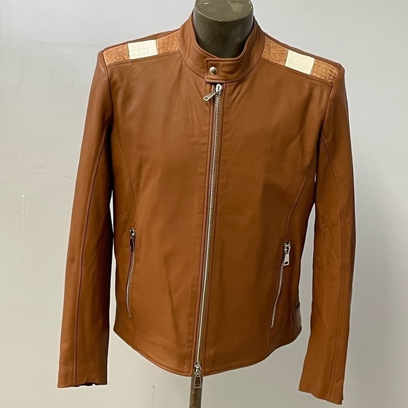 Fennix Italy jacket biker cognac Atalian leather/alligator modern fit - Picture 1 of 6